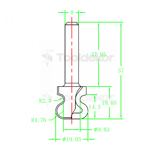 Фреза ручка алмазная PCD R1=2.4 R2=4.76 D=19.05x19.5x57 S=12 Rotis 5551902.01