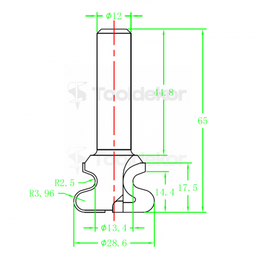 Фреза ручка алмазная PCD R1=2.5 R2=3.96 D=28.6x17.5x65 S=12 Rotis 555282.02