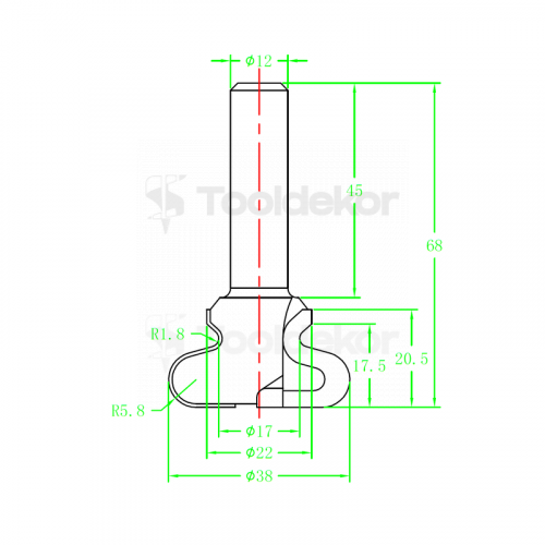Фреза ручка алмазная PCD R1=1.8 R2=5.8 D=38x20.5x68 S=12 Rotis 555382.01