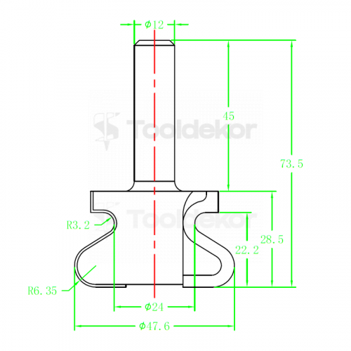 Фреза ручка алмазная PCD R1=3.2 R2=6.35 D=47.6x28.5x73.5 S=12 Rotis 555482.01
